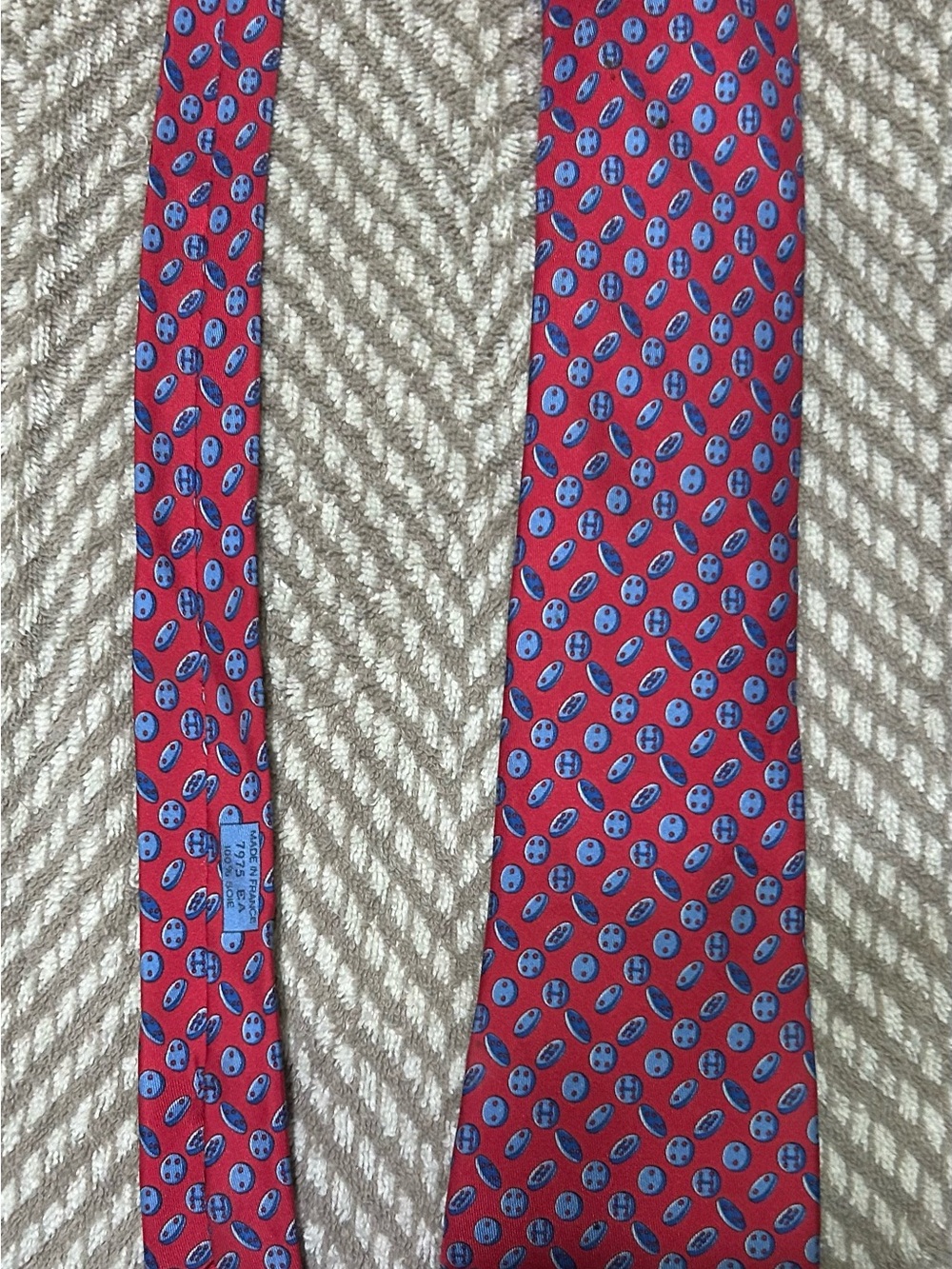 Hermes Red Silk Tie with Blue Oval Motif